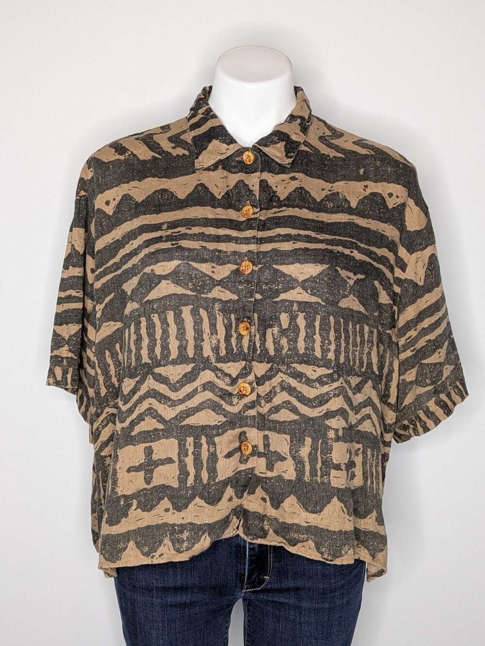 Vintage Eddie Bauer Brown Black Short Sleeve Linen Button Up M